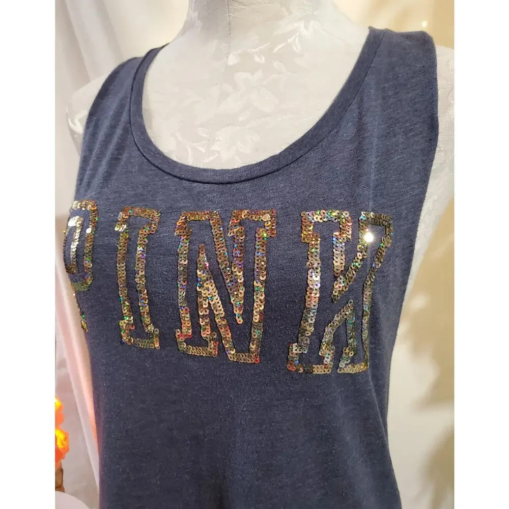 PINK Victoria's Secret Bling Spellout Muscle Tank Top Womens Size S Blue Y2K - Picture 7 of 10